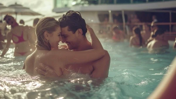 una pareja pasándoselo bien en la piscina de un crucero swinger